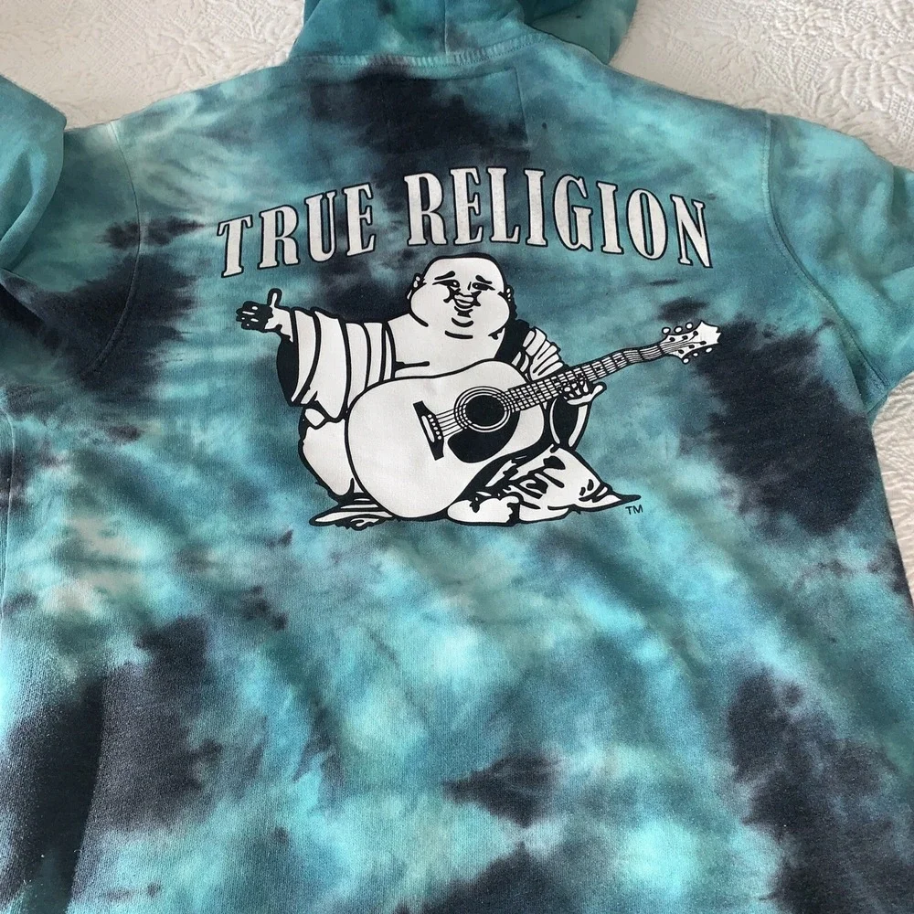 True Religion Men's Tie Dye Activewear Sweat Shorts Full Zip Hoodie Turquoise‎